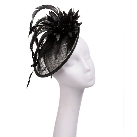 Sinamay Dipped Disk Fascinator Hat Headpeice Party Wedding Black Feather Flower - Picture 1 of 7